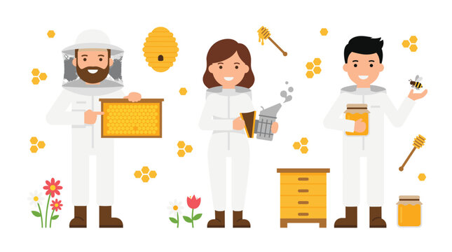 Beekeeper characters with honeycombs and beehives