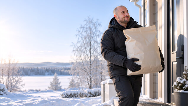 Man delivering large paper bag to house in winter. Smiling driver carrying grocery paper package to front porch door