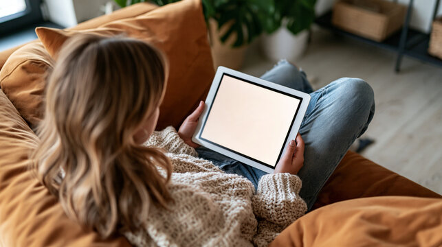 A young woman relaxing on a cozy sofa holding a digital tablet with a blank screen for content display.