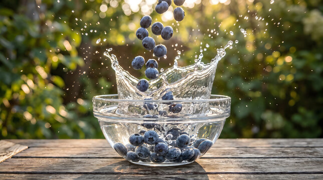 Fresh blueberries splashing into transparent glass bowl on wooden surface with copy space