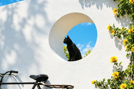 Black Cat Sitting in a Circular Wall Opening with Blue Sky and Yellow Flowers &ndash; Minimalist Mediterranean Photography