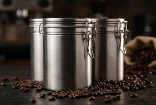 Matte black airtight coffee tin canisters with roasted coffee beans on wooden roastery counter