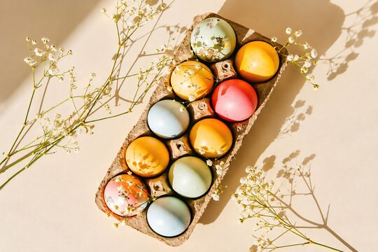 Colorful Pastel Easter Eggs in a Recycled Carton with Delicate White Flowers &ndash; Sunlit Spring Holiday Flat Lay