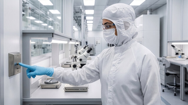 Middle Eastern woman pressing wall switch in cleanroom lab