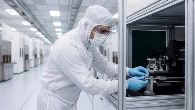 Middle Eastern man adjusting optical inspection tool in cleanroom