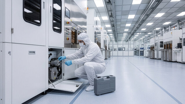 Middle Eastern man repairing semiconductor equipment in cleanroom