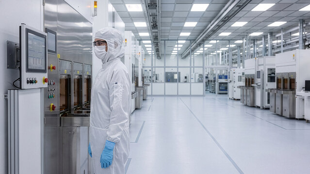 Middle Eastern woman checking machine display in semiconductor fab