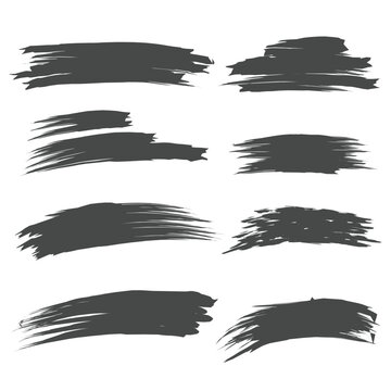 Black paint brush stroke vector set isolated on white background, featuring grunge ink texture, hand drawn swoosh marks, and artistic paint lines for modern banner and graphic design.