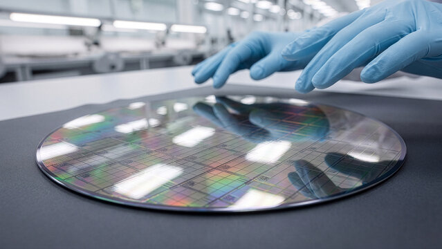 Gloved hands hovering over silicon wafer on cleanroom bench