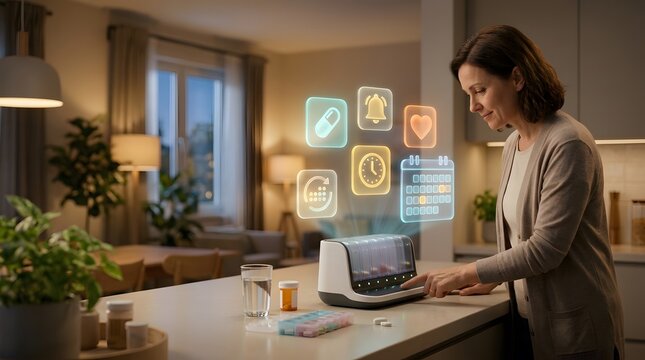 Caregiver using futuristic smart medication dispenser with holographic icons for health management