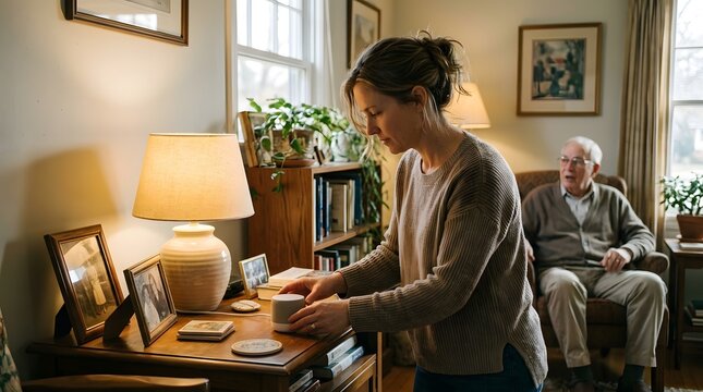 Adult daughter installing smart safety device for elderly father in living room