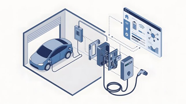 Isometric home electric vehicle charging station diagram with smart app interface and hardware