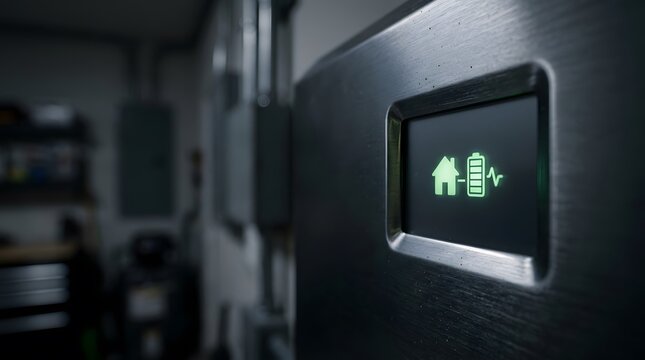 Smart home energy storage system battery status display with green glowing icons