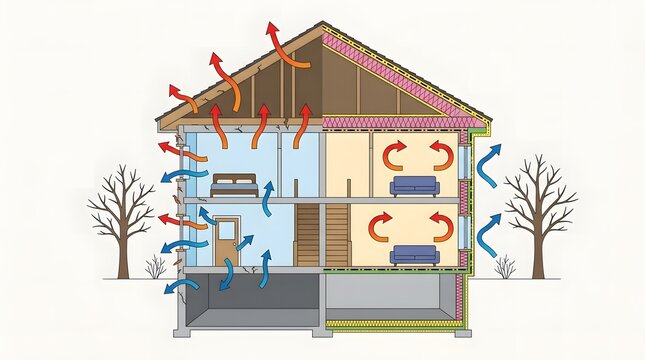 House energy efficiency cross section diagram showing insulation and heat loss comparison