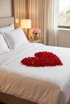 Hotel bedroom decorated  with red rose petals heart shape on white bed