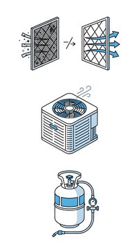 HVAC maintenance service icons featuring air filter replacement AC condenser and refrigerant tank