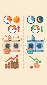 Energy Efficiency Infographic Comparing Appliance Electricity Usage During Peak and Off-Peak Hours