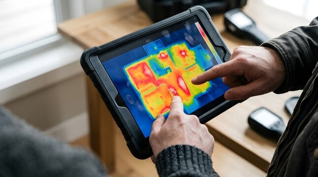 Professional inspector analyzing thermal energy heat map of house on digital tablet