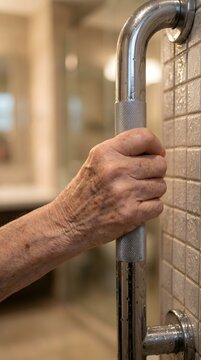Elderly hand gripping chrome grab bar for bathroom safety and support