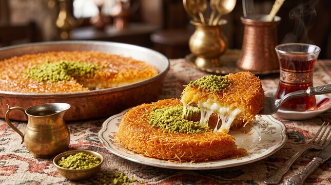 Turkish kunefe dessert with melted cheese pull pistachio and black tea side view
