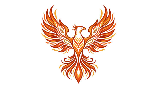 Stylized Phoenix Bird Vector Illustration with Spread Wings and Fiery Ornate Patterns in Orange and Red Tones, Mythical Firebird Symbol for Tattoo or Graphic Design Projects.