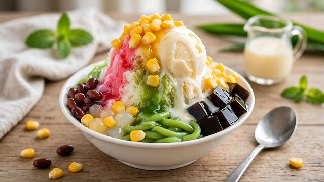 Ais kacang shaved ice dessert is topped with vanilla ice cream and sweet corn.