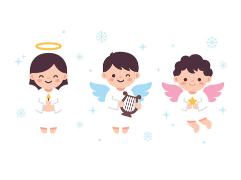 Christmas angel trio with candle harp and star in flat cartoon vector