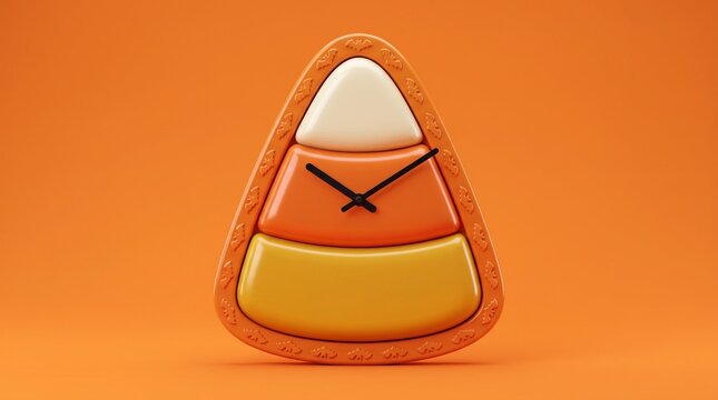 Candy corn shaped wall clock on orange background with minimalist design for Halloween holiday