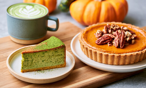close up of a delicious slice of matcha cake next to a plate of pumpkin tart topped with pecans