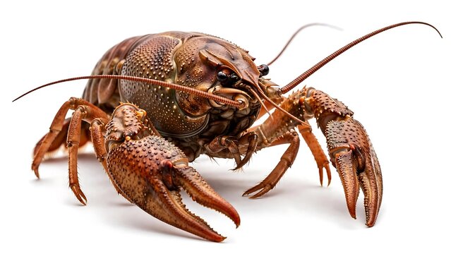 Brown Freshwater Crayfish Front View Closeup with Large Spiny Claws and Long Antennae on White