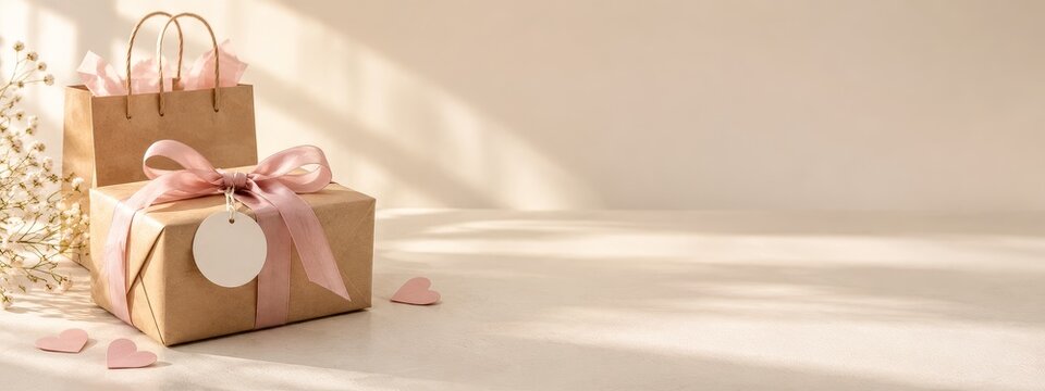 Small Business Valentine Kraft Gift Box and Shopping Bag with Pink Ribbon in Warm Sunlight