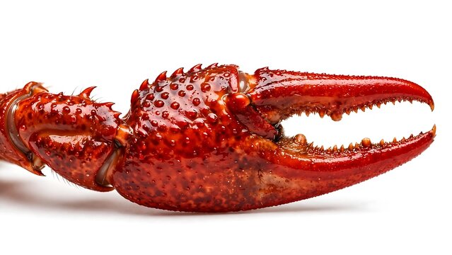 Large Red Crayfish Claw Closeup with Spiny Pincers and Water Droplets Isolated on White Background