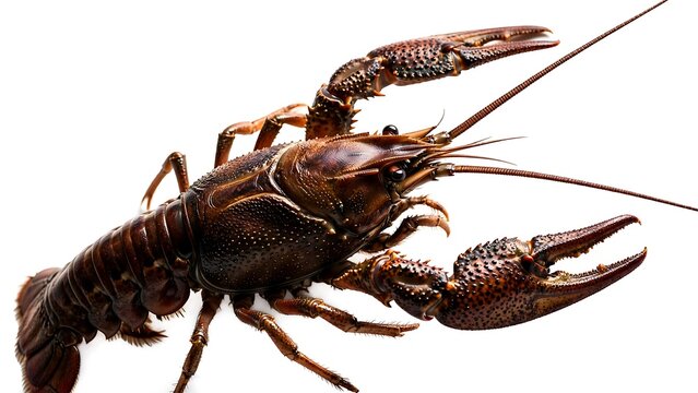 Dark Brown Crayfish Closeup Angled View with Open Claws and Long Antennae on White Background