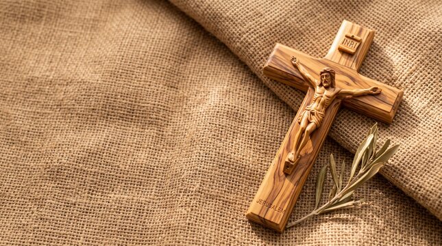 Wooden Jerusalem Crucifix with Olive Branch on Burlap for Holy Week