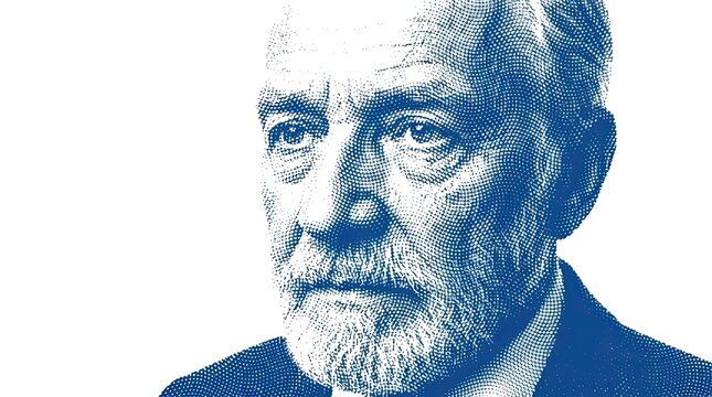 Elderly bearded man portrait in detailed blue halftone illustration style with beard shown detailed toned portrait close up contrasting monochrome expression individual grayscale patterned with sketch