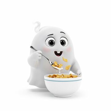 Cute ghost eating cereal bowl