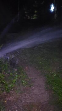 Leaking Water Pipe Spraying Plants and Muddy Soil