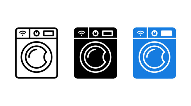 Smart washing machine icon set with wi fi network connectivity symbol