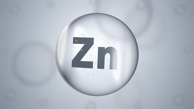 3D visualization of zinc chemical element Zn displayed in a translucent sphere with small bubbles. Scientific concept of essential trace minerals, micronutrients, chemistry and human nutrition.