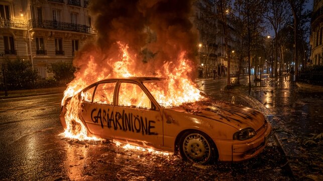 Burning abandoned car engulfed in flames beside wet trees and illuminated apartment buildings on a dark urban street, dramatic nighttime emergency scene