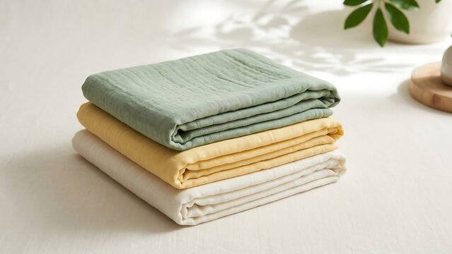 A stack of three soft folded organic muslin cotton baby swaddle blankets in sage green, mustard yellow, and cream white colors, arranged on a bright neutral surface with elegant leafy shadows.