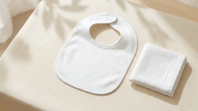 Minimalist blank white cotton baby bib and folded muslin cloth on beige linen background with soft natural shadows, perfect for branding or logo placement mockup for infant accessories.