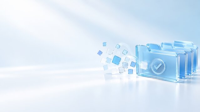 Transparent Blue File Folders with Check Mark and Floating Data Icons on Clean Background