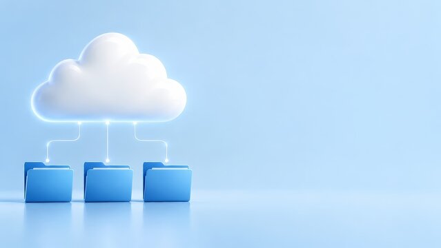 Cloud Storage Organization Concept with Glowing White Cloud Connected to Three Blue Folders