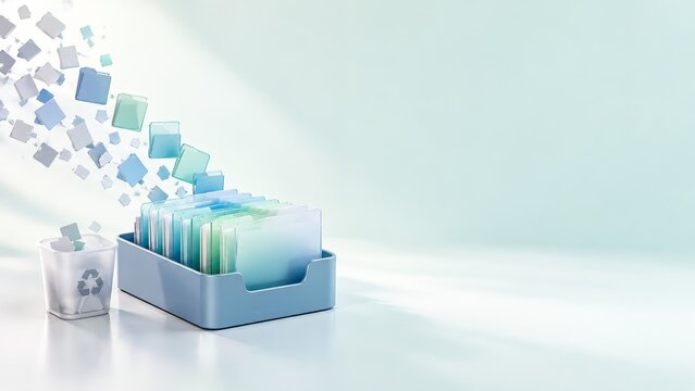 Digital Declutter Concept with Organized Blue Green Folders and Recycle Bin on Mint Background