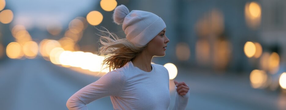 Young blond woman running in a city at dusk wearing a white warm hat, side view photo