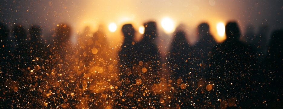 Silhouetted crowd enjoying a festive event with lights and sparks, blurred background   