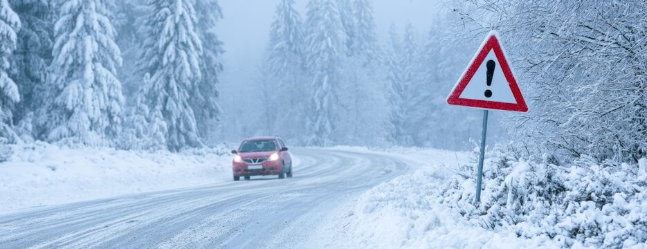 Warning sign on a snowy road with a red car driving cautiously  