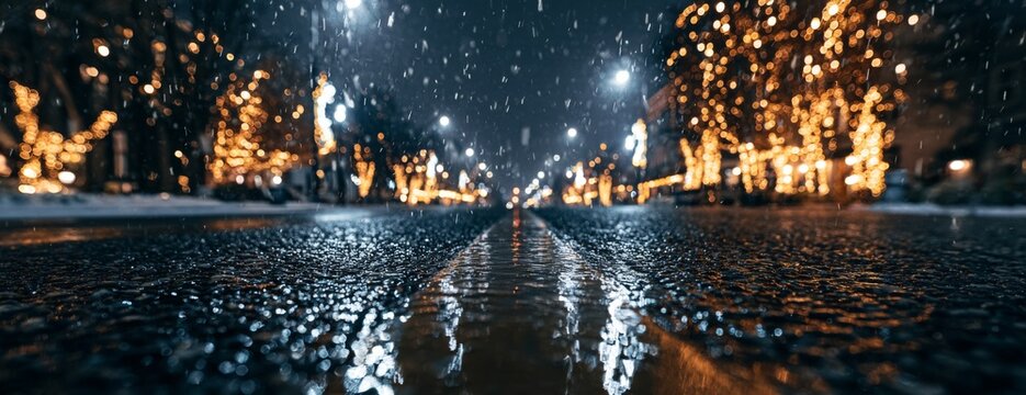 Snowy wet street with festive lights and reflections at night  