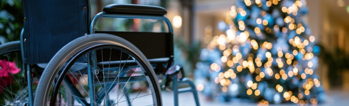 Wheelchair in hospital with Christmas tree in the background  